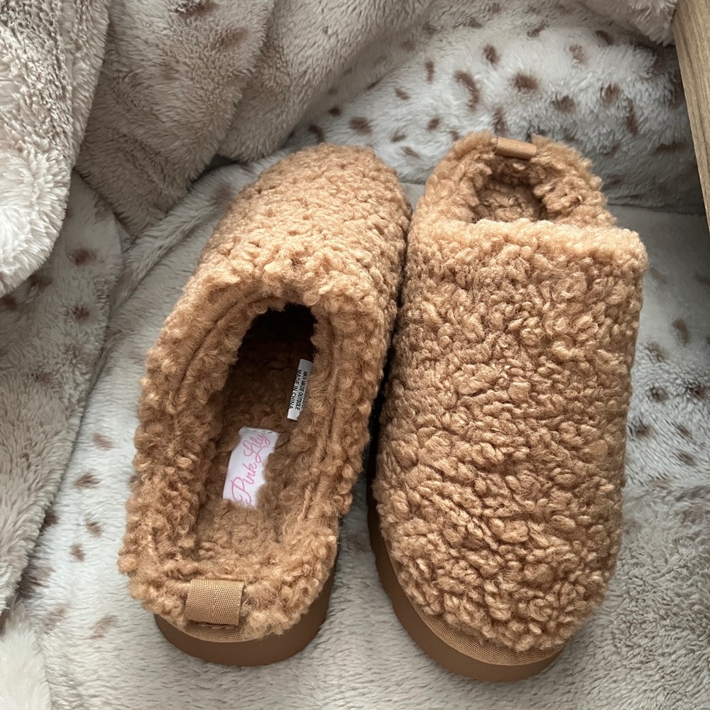 Tan Fuzzy Slippers with Open Back